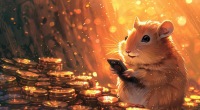 Ilustração por IA com hamster usando celular e envolto a moedas douradas