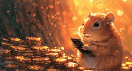 Ilustração por IA com hamster usando celular e envolto a moedas douradas