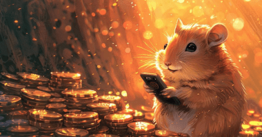 Ilustração por IA com hamster usando celular e envolto a moedas douradas