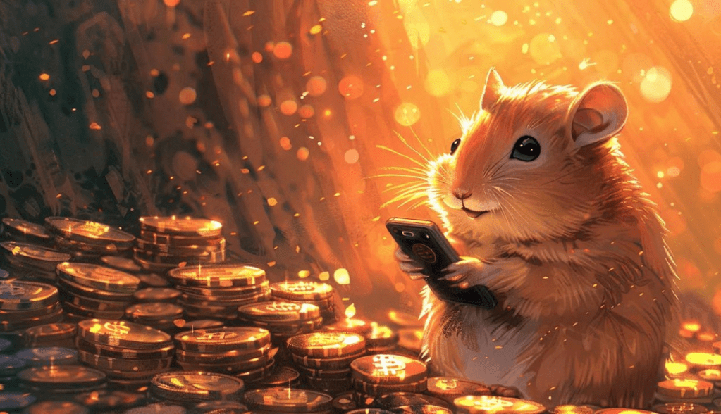 Ilustração por IA com hamster usando celular e envolto a moedas douradas