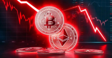 bitcoin e thereum com fundo vermelho, queda