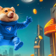 Ilustração do mascote do jogo Hamster Kombat do Telegram pulando entre moedas