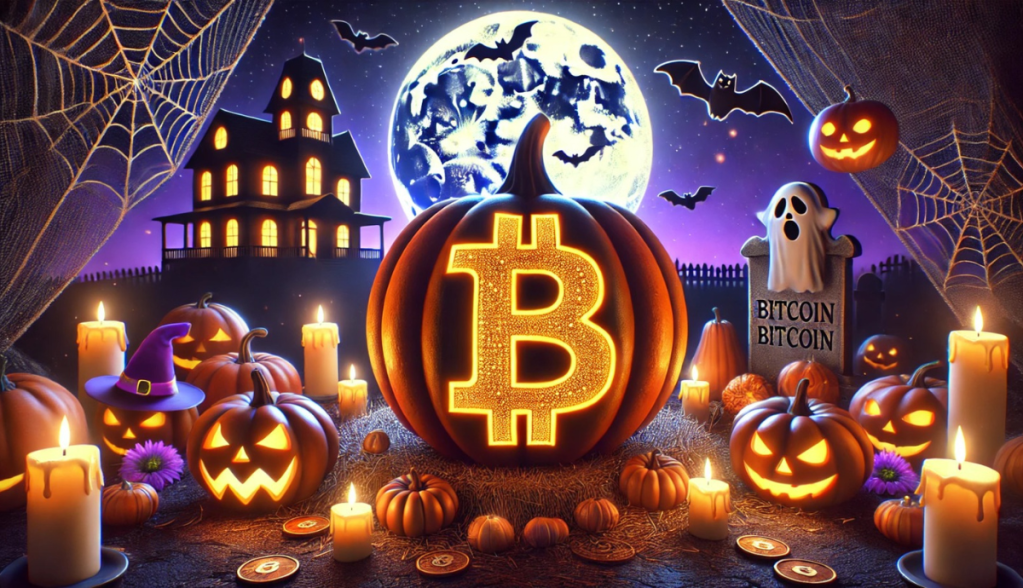 Ilustração mostra ambinente envolvido pelos símbolos de Bitcoin e Halloween