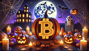 Ilustração mostra ambinente envolvido pelos símbolos de Bitcoin e Halloween