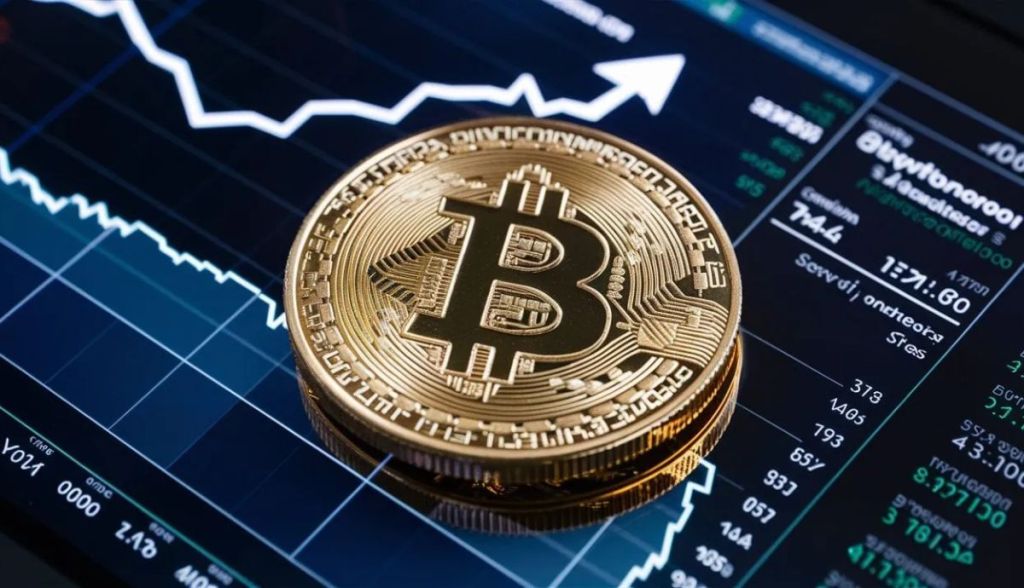 moeda de bitcoin em cima de tela com gráfico de preço
