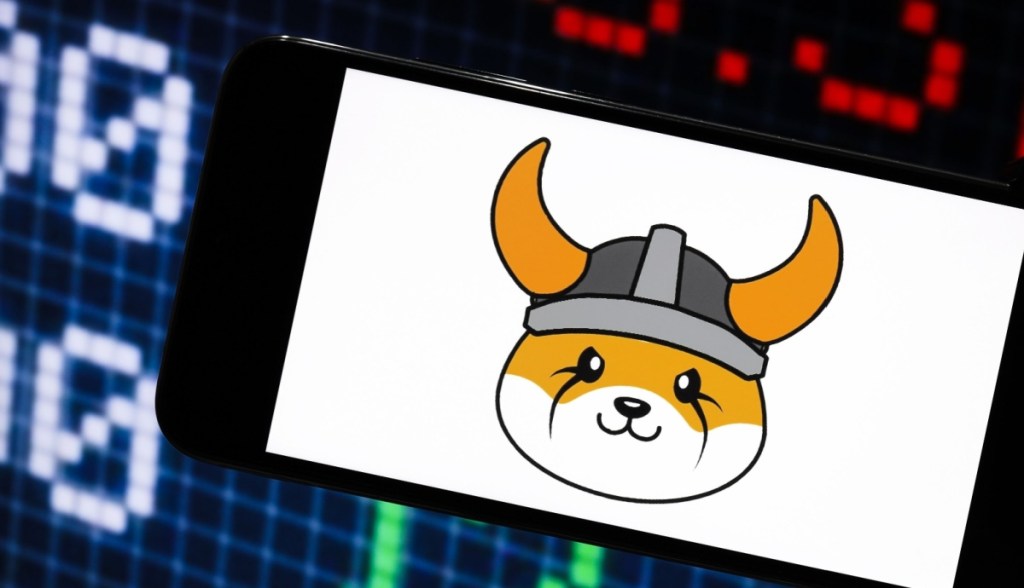 Logo da Floki na tela de celular-atrás um painel de ações