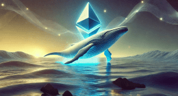 ilustração de uma baleia saltando no mar enquanto logo do Etheruem bilha ao fundo azul
