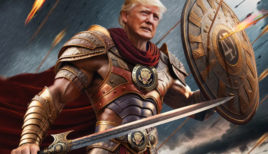 ilustração de trump com armadura, escudo e espada