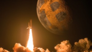 foguete indo a lua com logo do bitcoin