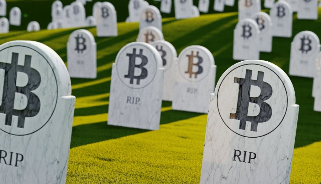 inúmeras lápides com logo do Bitcoin com a mensagem RIP