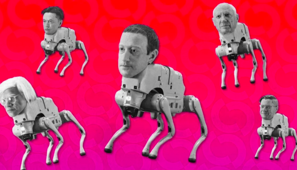 montagem da arte de Beeple com dogs nft musk mark bezos